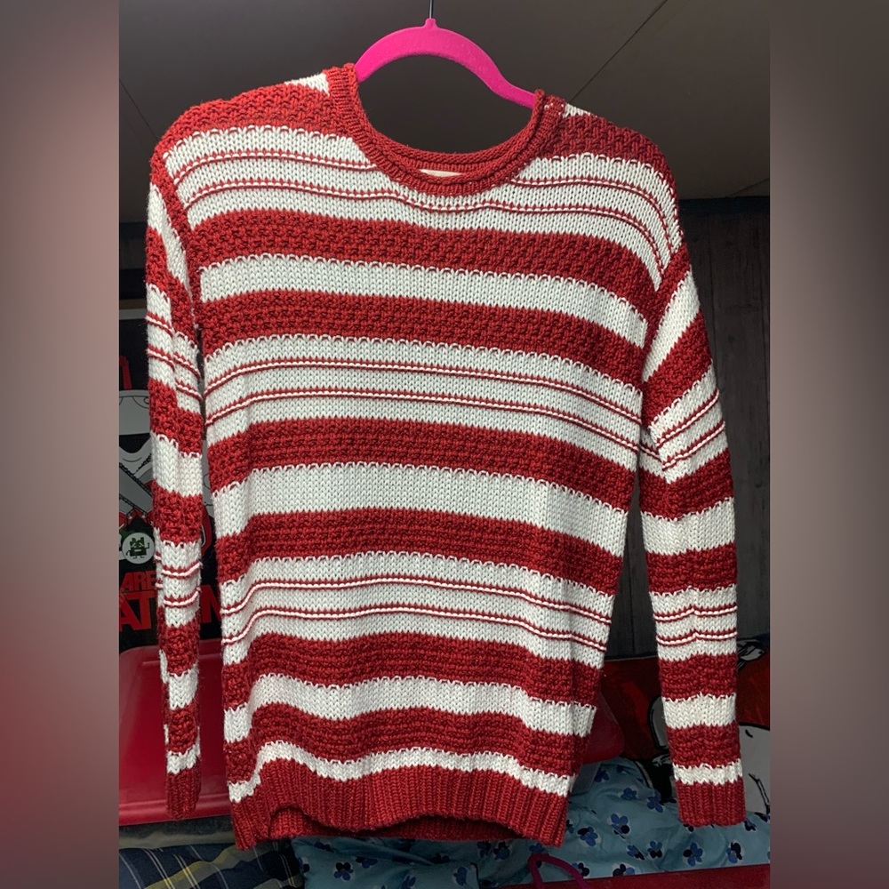 Brick red and white striped crew neck sweater.